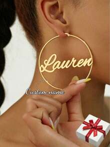 70mm Round Hoop Earrings With Customized Name Stainless Steel Gold Color Calligraphy Letter Handmade Exaggerated Personalized Jewelry - Gold - View 1