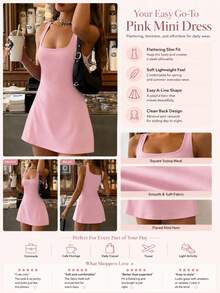 Women's A-Line Square Neck Fitted Casual Commuter Sports Thin Dress, Spring/Summer - Pink - View 5