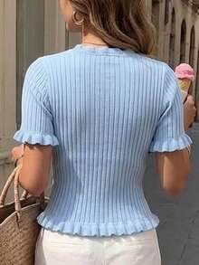 SEREN Cardigan Rajut Lengan Pendek Leher V Bergaris untuk Wanita, Atasan Pendek Slim Fit dengan Hiasan Ruffle untuk Musim Panas - Baby Blue - View 7