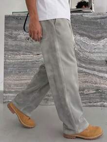Plus Size Men's Corduroy Wide Leg Pants, Drawstring Loose Drape Casual Long Pants - Grey - View 3