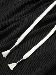 Women Black Ribbed Wide Leg Pants Elastic Drawstring Waist Relaxed Fit Casual Lounge Trousers For Everyday Wear. - Black - View 8