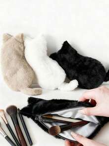 Cute Plush Cat-Shaped Makeup Brush Bag, Soft Plush Cosmetic Storage Bag With Zipper Closure, Suitable For Makeup Brushes, Lipsticks And Other Small Beauty Tools - Multicolor - View 3