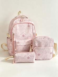 3pcs Pink Nylon Casual Minimalist Star Pattern All-Over Print Comfortable Shoulder Strap Zipper Closure Multi-Pocket Large Capacity Foldable With Crossbody Strap Pencil Case Backpack Set, Suitable For Spring/Summer Hot-Selling Style, Ideal For Students, School, Commuting, Outdoor Travel, Back-To-School Gift, Can Hold Books, Pencil Case, Notebooks - Pink - View 3
