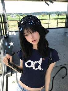 Y2K辣妹風波點字母愛心印花短版短袖T恤 女款海軍藍修身露腰上衣 美式極簡休閒風 - 藏青色 - 查看 2