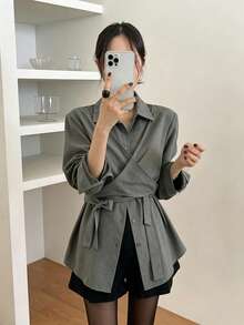 Vintage Style Cross Strap 2 In 1 Fashion Versatile Blouse - Dark Grey - View 1