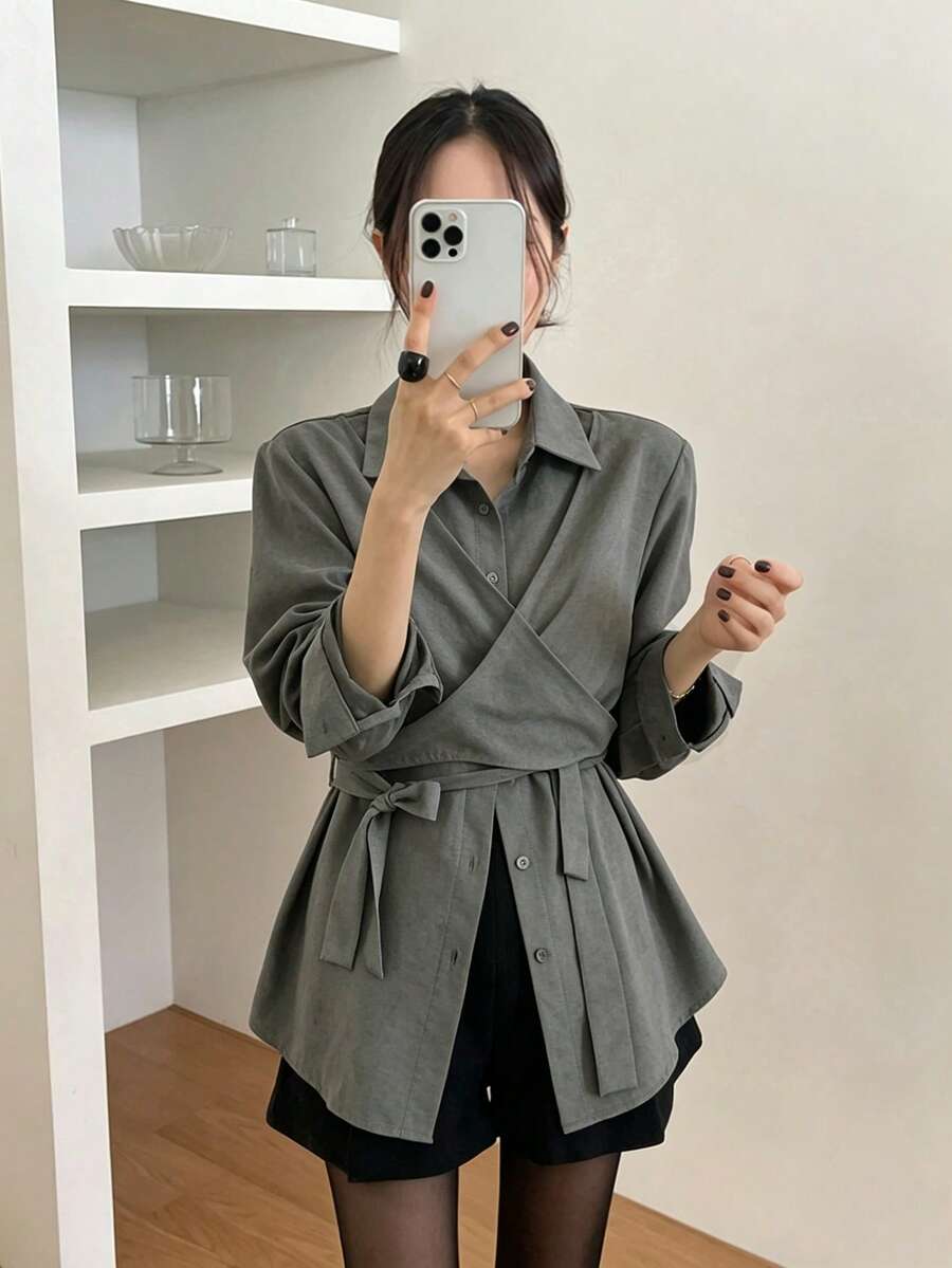 Vintage Style Cross Strap 2 In 1 Fashion Versatile Blouse - Dark Grey - View 1