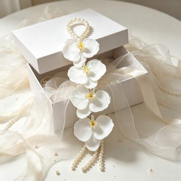 1pc Butterfly Orchid Pearl Bouquet Bridal Handheld Flower, Suitable For Party Favors, Pearl Hand Flower, Also For Indoor And Outdoor Photography Props, Confession, Proposal Gift, Wedding Souvenir