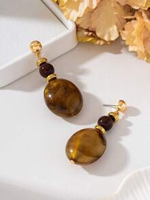 Anting Panjang Manik-Manik Oval Bertekstur Warna Oranye-Merah - Merah jingga - View 6