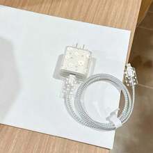 5入創意極簡花朵卡通手機數據線保護套，適用 14 Pro Max 充電線保護套，適用 13/12/11 充電線收納器，18/20W 快充頭防斷線收納器，男友/女友禮物 - 白色 - 查看 3