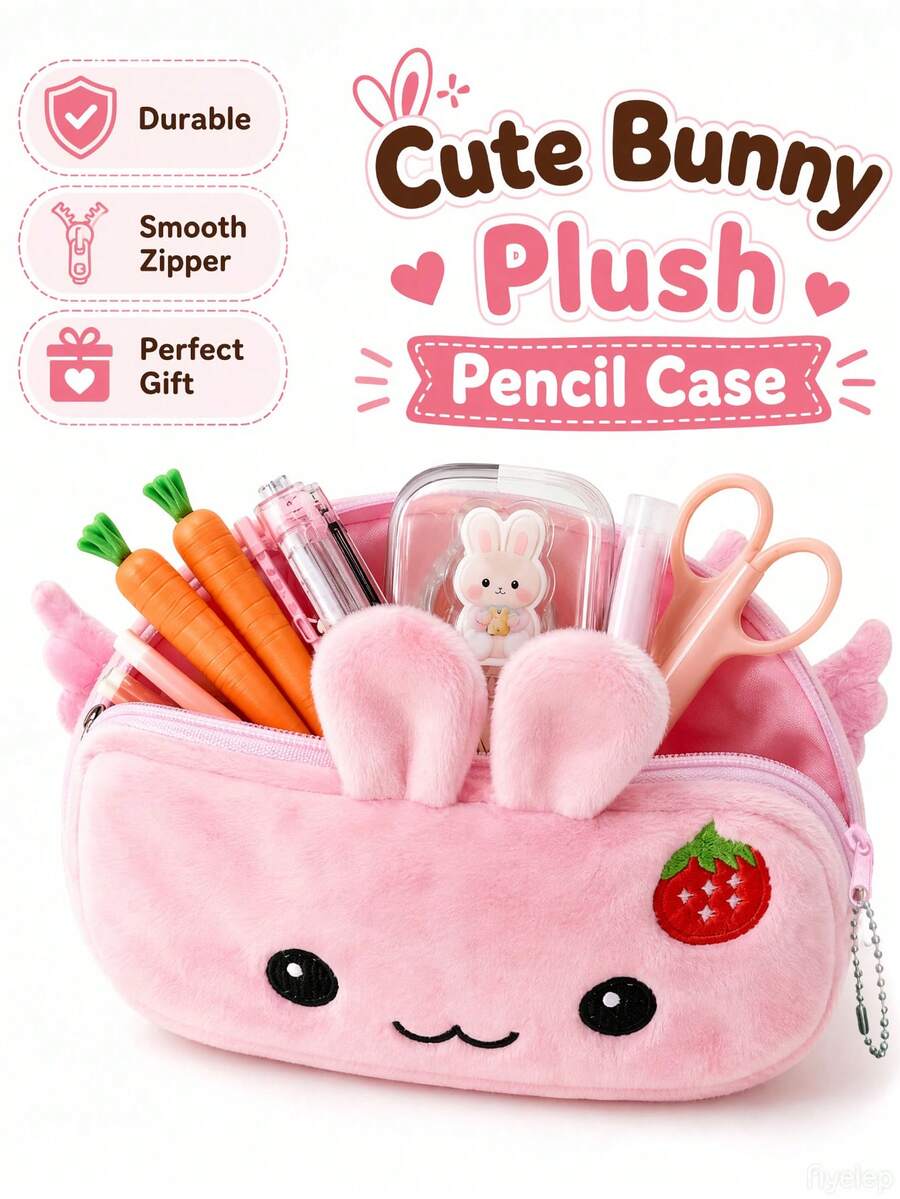 2 Stück/Set süße Kaninchen oder Erdbeere geformte Federtasche mit 1 Stück Karotten Stifthalter, Multifunktions Kosmetiktasche/Organizer, ideal für Schule, Büro, Abschlussgeschenk, Schmuckbox, Geburtstagsparty Geschenk - Übersicht 1
