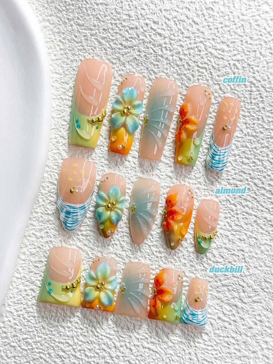 10片島嶼度假風手工穿戴甲,Polygel美甲套組,手繪花卉與水滴圖案,藍色與橘色指甲油,休閒風格,附美甲工具,3種尺寸可選:杏仁形、鴨嘴形、棺材形,適合派對、跳舞、日常配戴 - 彩色 - 查看 1