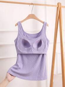 1pc Women's Plus Size Round Neck Tank Top, Built-In Bra, Soft And Comfortable Sleeveless Top, Suitable For Daily And Casual Wear - Mauve Purple - View 5