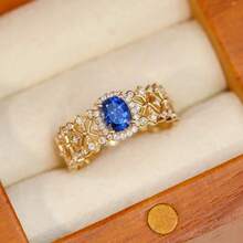 Elegant Hollow Lace 18K Gold Plated Blue Zirconia Inlaid Open Ring For Women - Blue - View 2