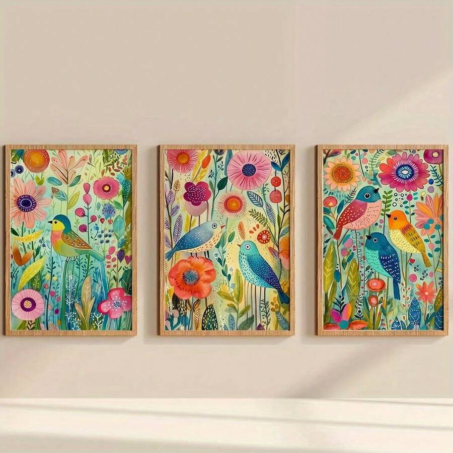 3pcs Vibrant Abstract Floral & Bird Canvas Wall Art Set - Stunning Frameless Decor For Living Room, Bedroom, Office, And Kitchen With Modern Style And Colorful Patterns - A - View 1