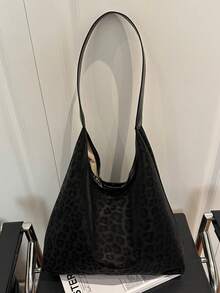 Vintage Leopard Print Tote Bag, Large Capacity Design, Durable & Scratch-Resistant, Shoulder Bag For Commuting, Versatile For Daily Outings - Black - View 7