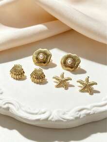 French Ins Style College Girl Gentle Soft Multi-Style Stud Earrings, Glossy Twisted Rope Wreath, Spiral Sun, Scallop, Polished Metal Texture, Daily Luxury Jewelry Comfortable For All-Day School Wear, Accessories Can Be Worn Individually Or Paired With Necklace, Bracelet, Pendant For Affordable Outfit, Suitable For Beach Vacation, Campus Daily, Wedding Banquet, Back To School Season Gift, Wedding Season Gift - Multicolor - View 3