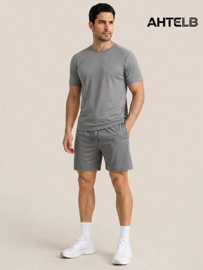 Conjunto de 2 piezas AHTELB para hombre, camiseta de cuello redondo con pantalones cortos con cordón, de seda de hielo fina, cómodo, transpirable y elástico, conjunto deportivo casual, adecuado para deportes al aire libre diarios, ocio y uso diario, regalo para esposo, novio, amigo, cliente, padre, conjunto de 2 piezas para hombre, ropa de gimnasio para hombre