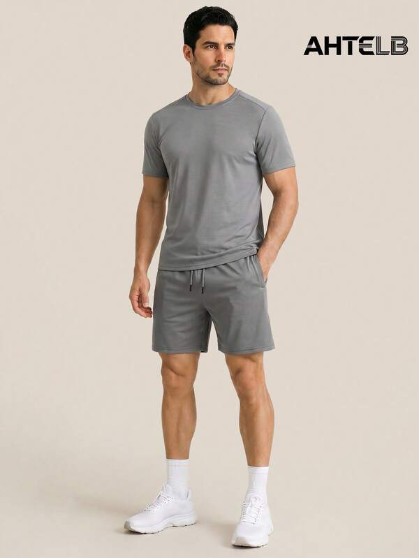 AHTELB Men's Summer 2-Piece Sportswear Set, Crew Neck T-Shirt With Drawstring Shorts, Thin Ice Silk Comfortable Breathable Elastic Casual Sport Outfit, Suitable For Daily Outdoor Sports, Leisure And Commuting, Gift For Husband, Boyfriend, Friend, Client, Father, Men 2 Pieces Set, Gym Clothes Men, Gym