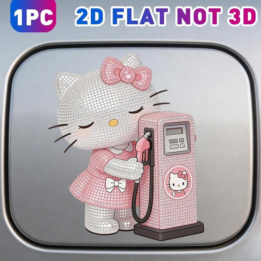 SANRIO 1pc 2D Flat Rhinestone Hello Kitty Fuel Tank Cap Sticker, Hello Kitty Holding Gas Pump, Car Decoration Sticker, Waterproof & Sun-Resistant, Sweet Style, Car Modification Sticker, Suitable For All Types Of Car Fuel Tank Caps, Great Gift For Family And Friends - A - View 1