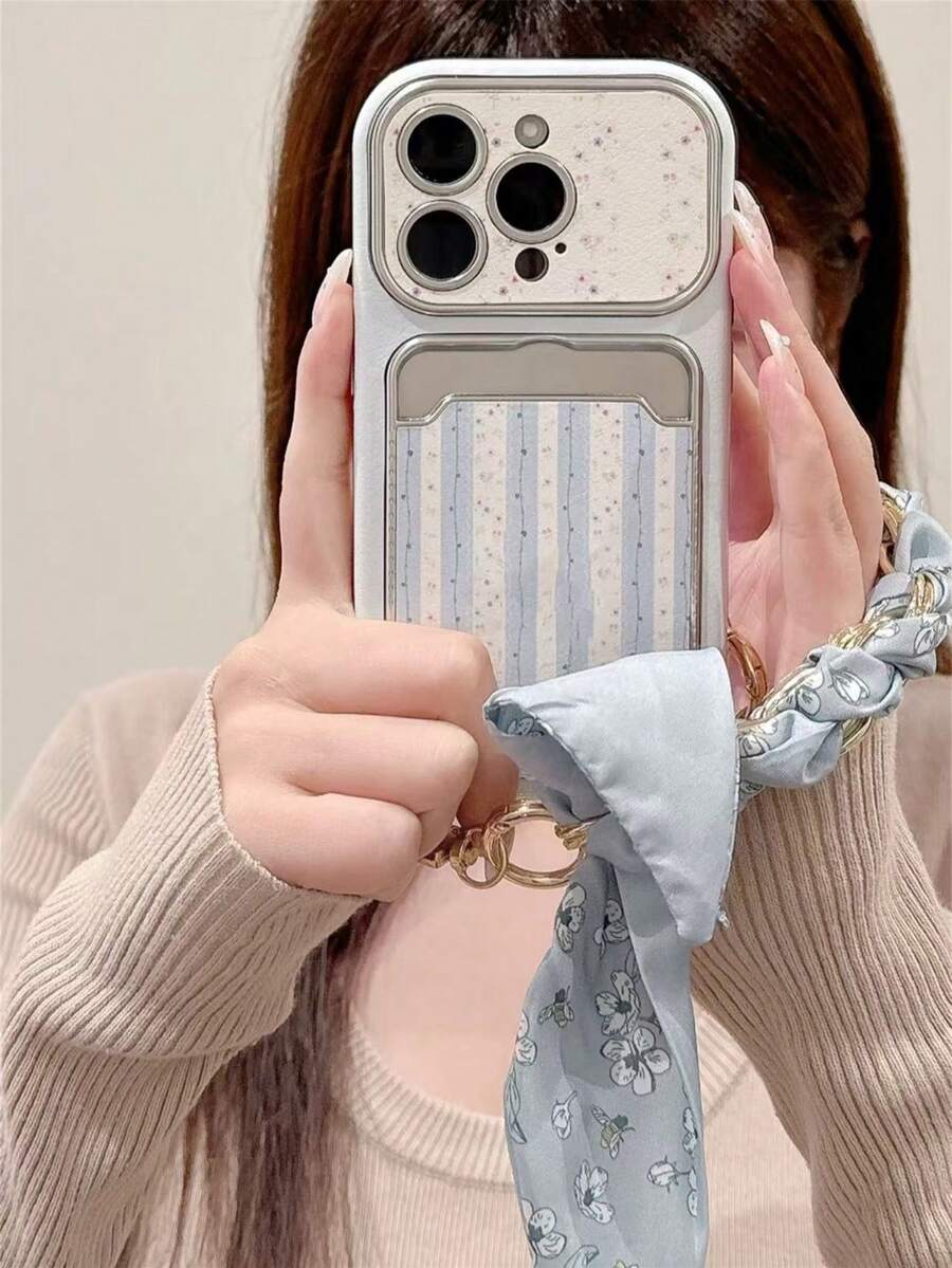 Blue Striped Floral 17/16 Phone Case Compatible With Apple 15/14 Pro Max Card Holder Card Slot 13 Leather Fresh Style 3D Flower Chain Lanyard New INS - Multicolor - View 1