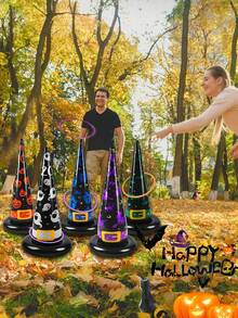 Juego de lanzamiento de aros con sombrero de bruja inflable reutilizable, patrón espeluznante de Halloween, accesorios de juego de PVC a prueba de fugas, adecuado para juegos familiares en grupo en el patio trasero y césped, suministros de actividad interactiva para fiesta de Halloween y carnaval - A - Ver 3