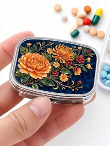 1pc Portable Floral Printed Pill Case, Mini 2 Grid Divided Medicine Tablet Storage Box, Vintage Flower Pattern Metal Pill Container For Pocket Purse Travel Daily Vitamin Organizer Gift For Women - Multicolor - View 15