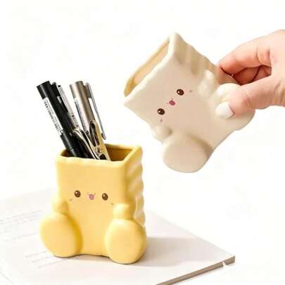 Cute Ceramic Pen Holder For Desk Adorable Bear Shaped Pencil Cup Aesthetic Desk Organizer For Office School Home Yellow