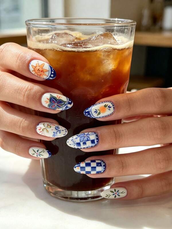 24pcs Medium-Long Almond Nails, European And American Ceramic Style Hand-Painted Graffiti Design + 1pc Jelly Glue + 1pc Nail File