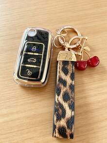 Suitable For Key Cover And Keychain, Car Key Holder Sprinter, Polo, Lavida, Golf, Smart Remote Key Protective Shell, Soft Shell Protects Your Car Key From Scratches, Car Key Decoration Cherry Pendant Leopard Print Pattern, Fashionable Key Matching - Leopard Print Cherry Wristband - View 4