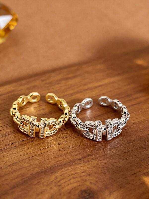 Light Luxury Pig Nose Double D Letter Rhinestone Open Ring For Women, Gold & Silver Dual Color Options, Full Rhinestone Hollow Geometric Design, Niche High-End Versatile Hand Accessory, Daily Commute Layering Jewelry, Fashion Item, Suitable For Everyday Wear, Holiday Gifts, Exquisite Jewelry