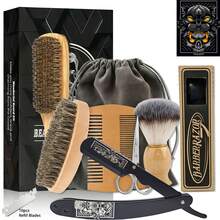 Kit de Cuidados com a Barba de 10 Peças para Homens, Navalha Reta, Escova de Cerdas, Pente de Madeira & Bolsa de Viagem, Presente Estilo Barbeiro - Pente para barba + escova para barba - Visão 14