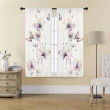 2pcs Digital Printed Sheer Curtains, Watercolor Floral & Butterfly Pattern, Romantic Wedding Style, Suitable For Kitchen, Dining Room, Living Room Decor - Multicolor - View 11