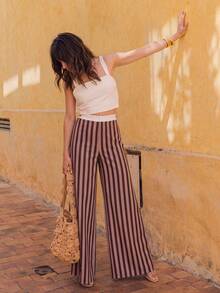 Pantalones de pierna ancha a rayas de cintura alta para mujer, estilo bohemio, pantalones largos de pierna ancha fluidos para vacaciones de verano - Multicolor - Ver 6