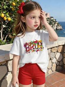 Short-Sleeve T-Shirt Featuring A Colorful Paint-Splatter 'BRUH' Graffiti Text Print, Playful Street-Art Inspired Graphic Top For Tween Girl - White - View 3
