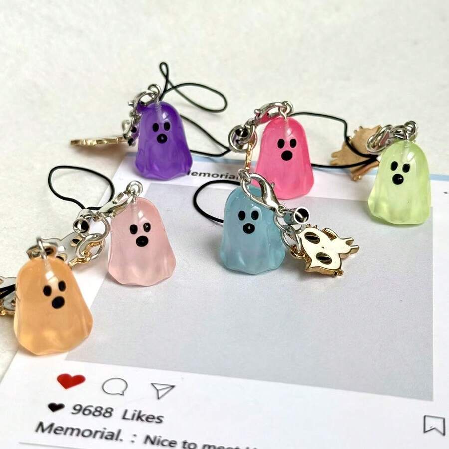 1 buah Gantungan Rantai Ponsel Kucing Hantu Warna-warni Baru untuk Halloween, Aksesori Ponsel Kamera CCD