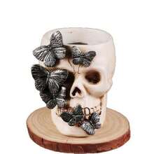 1pc Halloween Skull Planter Decor, Gothic Skeleton Head Flower Pot With Butterfly Design, Spooky Home Tabletop Decoration, Party Ornament - Multicolor - View 7