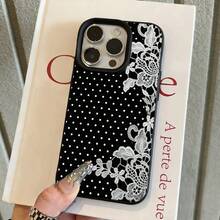 1pc TPU Material Cool Black Background Polka Dot White Lace Pattern Phone Case Compatible With IPhone 17 Pro Max/17/16 Pro Max/15/13/12/11/ S20 FE/A15/S24/A55/ Note 11/Note 12/Note 13 Pro Full Coverage Anti-Drop Soft Shell Phone Protective Cover - Black - View 1
