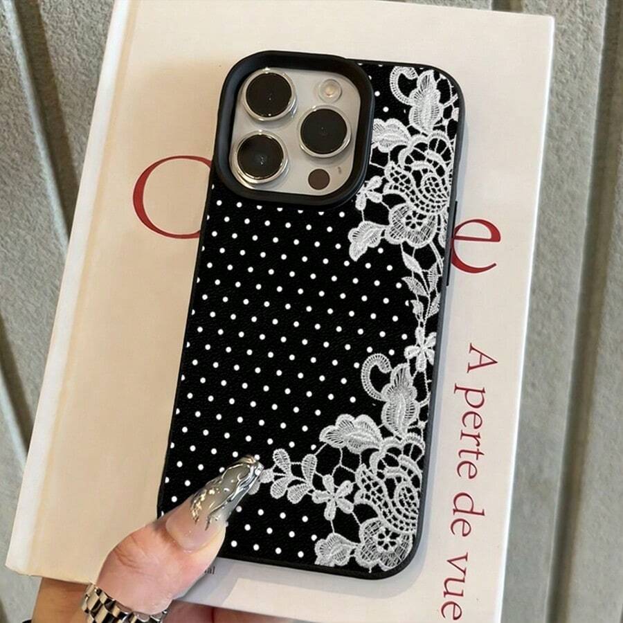 1pc TPU Material Cool Black Background Polka Dot White Lace Pattern Phone Case Compatible With IPhone 17 Pro Max/17/16 Pro Max/15/13/12/11/ S20 FE/A15/S24/A55/ Note 11/Note 12/Note 13 Pro Full Coverage Anti-Drop Soft Shell Phone Protective Cover - Black - View 1