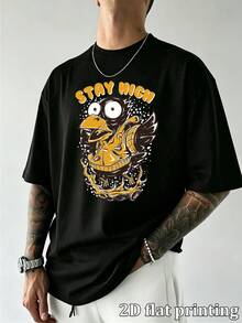T-shirt oversize da uomo "STAY HIGH" con stampa grafica di corvo cartoni animati, casual, maniche corte, girocollo, stile street, vestibilità ampia e comoda, in cotone, maglietta estiva per uomo D - nero - Visualizzare 6