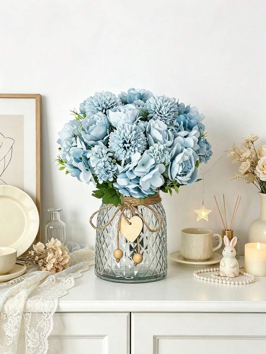 1/4pcs Artificial Peony Hydrangea Bouquet, Suitable For Wedding Decoration, DIY, Bridal Bouquet, Wrist Corsage, Headpiece, Wedding Car Decor, Door Decor, Home, Restaurant, Bedroom, Vase Decor, Party Decoration, Valentine's Day And New Year Gift - Blue - View 1