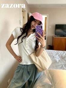 毛邊鈕扣短袖上衣，休閒舒適極簡修身T恤，夏季白色 - 白色 - 查看 3
