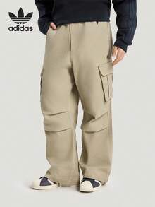 Adidas 三葉草工裝風多口袋男褲新款運動褲寬鬆闊腿工裝直筒褲梭織長褲 - 卡其色 - 查看 2