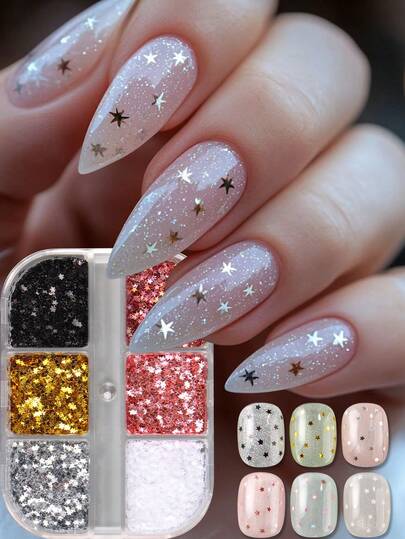 6Grids Mini Colorful Star Nail Glitter Sequin Y2K Holographic Golden Silvery Black White Pink Decoration Art Sequins Nail Supplies Nail Flakes