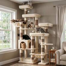 Cat Tree, 72.8" Tower With Sisal Scratching Posts, Extended Base, 5 Plush Platforms, Large Condo, 2 Spacious Hammocks, Tall Furniture For Multiple Adult Cats, Beige And Brown MPJ074MJ - Beige and Brown - View 8