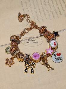 1pc Leopard Print Cherry Blossom Bow Polka Dot Charm Bracelet, Love Yourself Slogan Bracelet, Leopard Heart Music Festival Bracelet - Gold - View 8