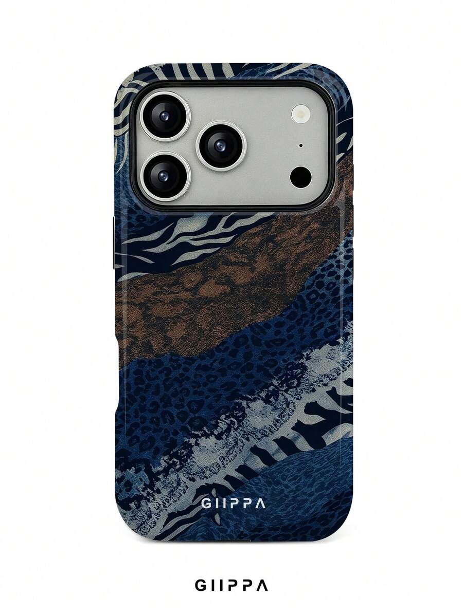GIIPPA 1pc Vintage Blue Rock Layer Animal Print Patchwork Design Phone Case, Compatible With Phone 17 Pro Max, 16 Pro Max, 15 Pro Max, 14 Pro Max, 11/12/13/14/15/75 Pro Max Plus, Korean Style High-End Fashion Fun Elegant Design For Men And Women, Perfect Gift For Girlfriend On Christmas, Valentine's Day, Easter, Wedding Season And Birthday - Blue - View 1