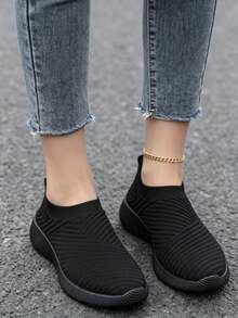 Women's Comfortable Breathable Casual Sports Shoes With Elastic Upper, Suitable For Plus Size, Gym, Commuting, Walking - Black - View 8