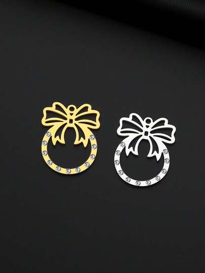 AMAXER 1pc Stainless Steel Luxury Rhinestone Bow Circle Christmas Decoration Pendant For Jewelry Making, Handmade DIY Bracelet, Necklace, Keychain