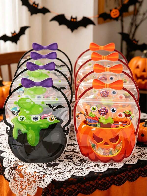 20 pièces Sacs cadeaux debout pour Halloween, "Sacs de bonbons" "Transparent visible" "Rangement de bonbons". Sacs d'emballage cadeaux portables en forme de citrouille, sorcière et chaudron pour Halloween, petits sacs cadeaux portables pour fête d'Halloween, sacs de bonbons décoratifs pour Halloween, décoration joyeuse d'Halloween, fournitures pour fête d'Halloween, sacs de desserts et de biscuits scellés pour fête d'Halloween, décoration de table pour fête d'Halloween, sacs de courses pour magasin d'Halloween, sacs de cuisson pour cuisine d'Halloween, décoration de maison d'Halloween, décoration de chambre, cadeaux d'Halloween, faveurs de fête
