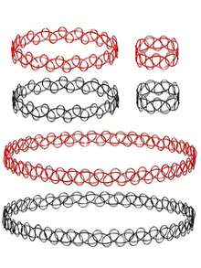 6Pcs Tattoo Choker Set Stretchy 90s Necklace Bracelet And Rings For Women - Multicolor - View 1